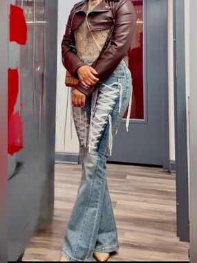 AKIRA Light Wash Lace-Up Flare Jeans